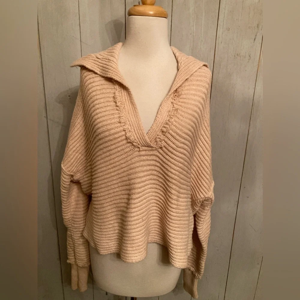 Women's Free People Marlie Pink Ribbed Knit Cotton‎ Blend Pullover Sweater Sz S